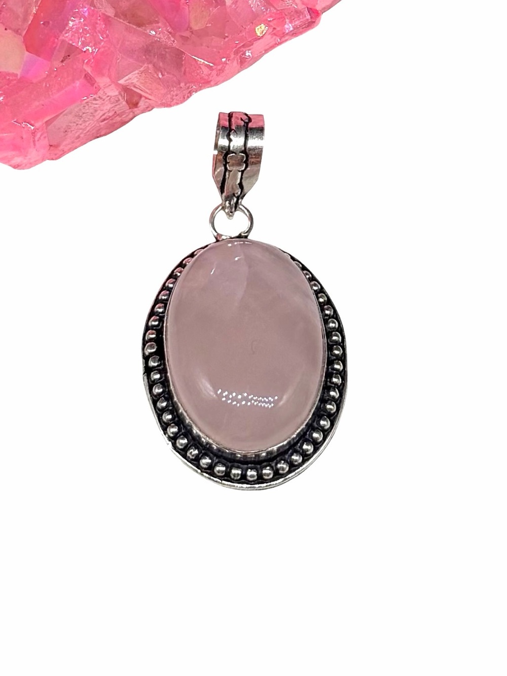 Rose Quartz Necklace Pendant 925 Sterling Silver Overlay Oval Pink Stone
